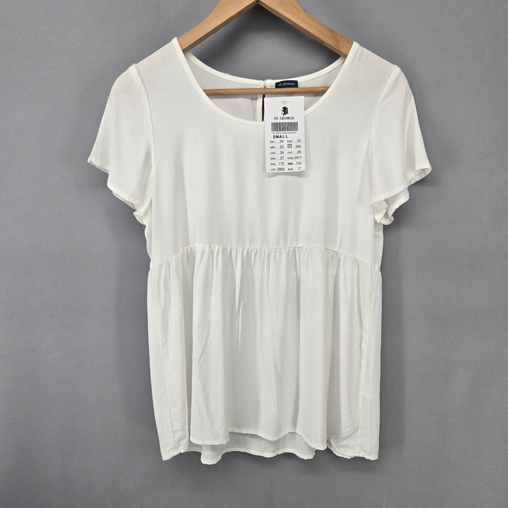 ST. GEORGE Blouse Womens Small White Babydoll Flutter Sleeve Empire Waist Top